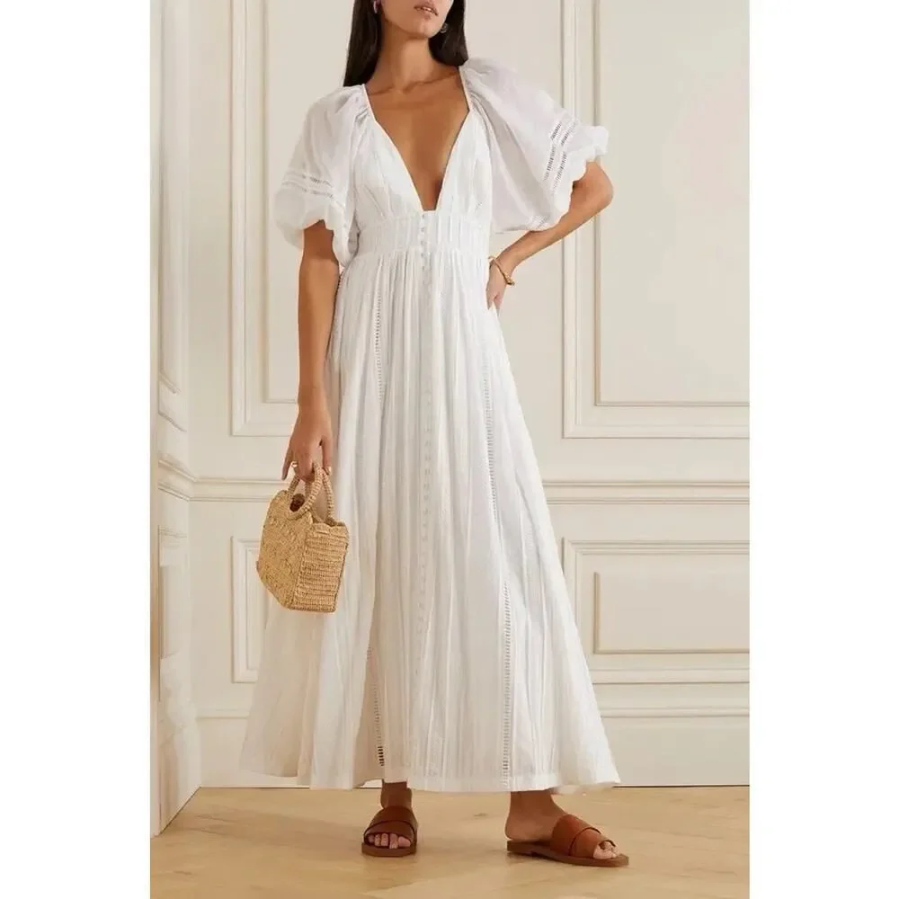 Joslin Anthropologie White Julianna Cotton Maxi Dress 4 Puff Sleeves Open Back - Picture 2 of 13